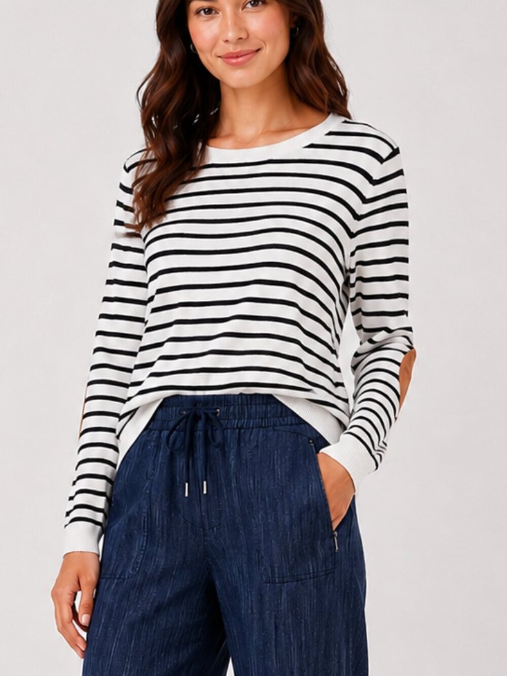 Market & Spruce Womens Striped Stretch Pullover Top Shirt Size Small Elbow Patch